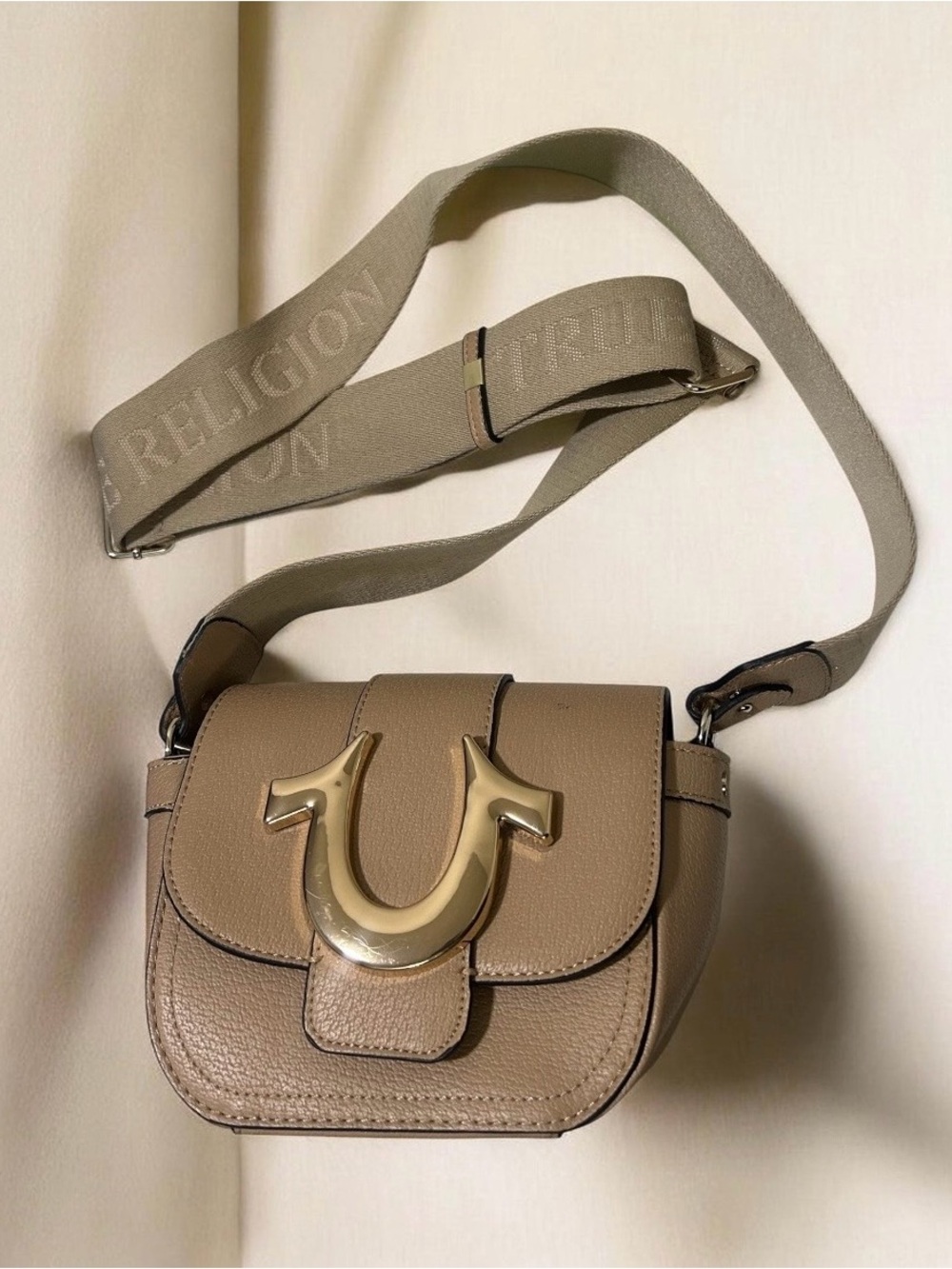 True Religion Taupe Crossbody with Gold Horseshoe Accent